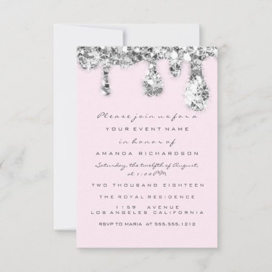 Invitation Gouttes Rose Gris Argent Pailleté Mariée Douzième (Devant)