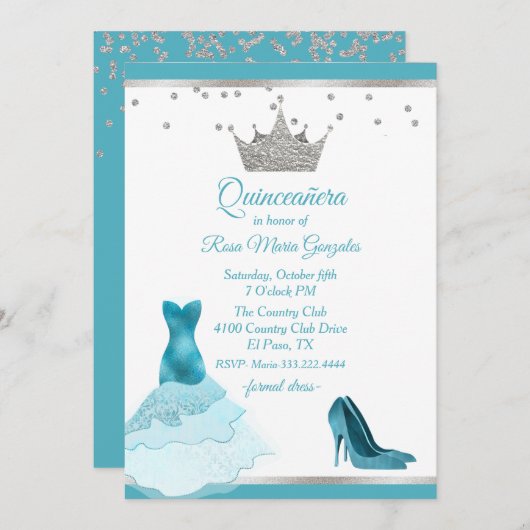 Invitation Gown turquoise et talon avec Quinceanera couronne (Devant / Derrière)