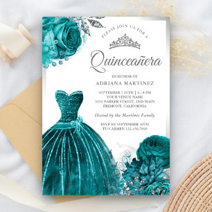 Invitation Gown Turquoise Roses argent Quinceanera
