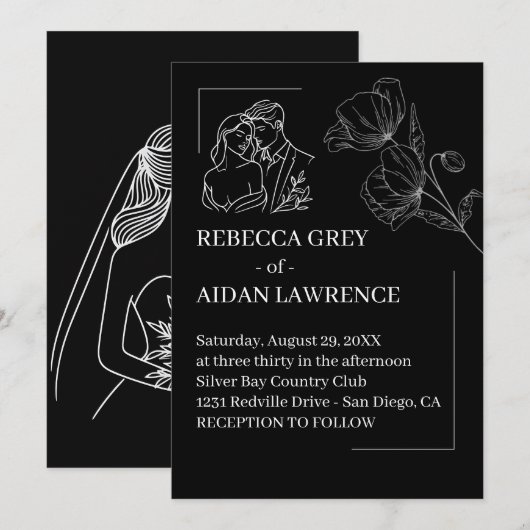 Invitation Graceful Black White Overlay Wedding (Devant / Derrière)