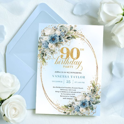 Invitation Graceful Bohemian Blue White Floral 90th Birthday