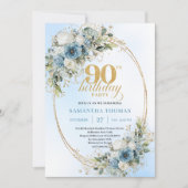 Invitation Graceful Bohemian Blue White Floral 90th Birthday (Devant)
