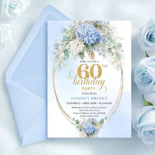 Invitation Graceful Bohemian Soft Blue Gold 60th Birthday