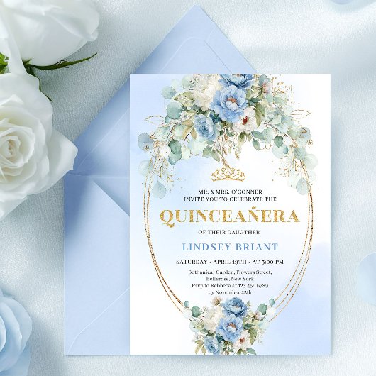 Invitation Graceful Boho Blue Peonies Eucalyptus Quinceañera