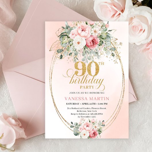 Invitation Graceful Boho Blush Floral Greenery Gold Birthday