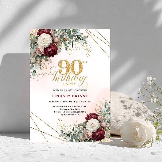 Invitation Graceful Boho Burgundy Peonies Gold 90th Birthday