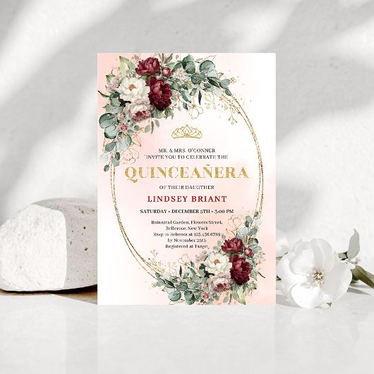 Invitation Graceful Burgundy Peonies Eucalyptus Quince Invite