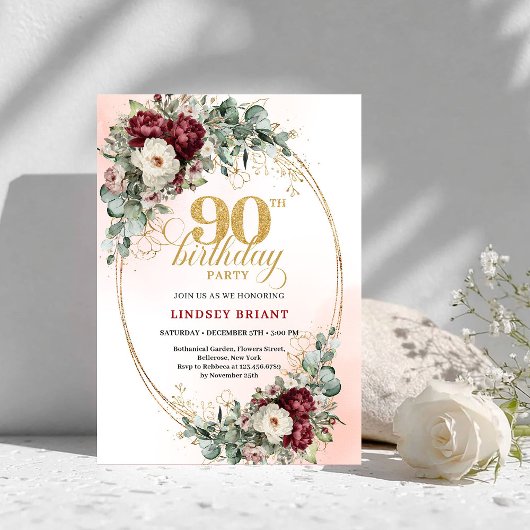 Invitation Graceful Deep Red Floral Gold 90th Birthday Invite