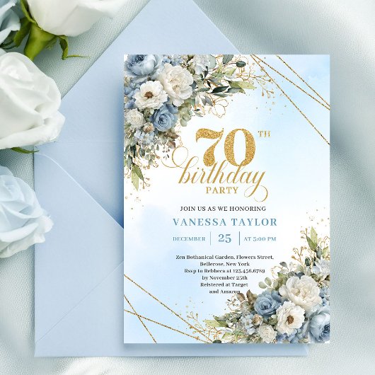 Invitation Graceful dusty blue eucalyptus gold 70th birthday 