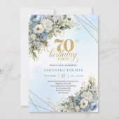 Invitation Graceful dusty blue eucalyptus gold 70th birthday  (Devant)
