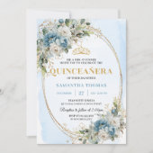 Invitation Graceful Dusty Blue Gold Greenery 15th Birthday  (Devant)