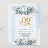 Invitation Graceful light blue gold frame 90th birthday   (Devant)