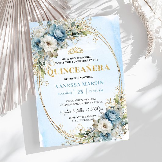 Invitation Graceful Pastel Blue Gold Eucalyptus Quince 15
