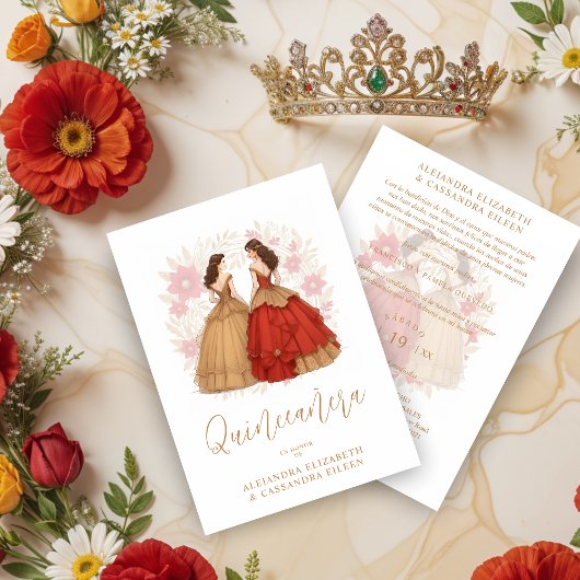Invitation Graceful Romantic Spanish Quinceañera Twins 