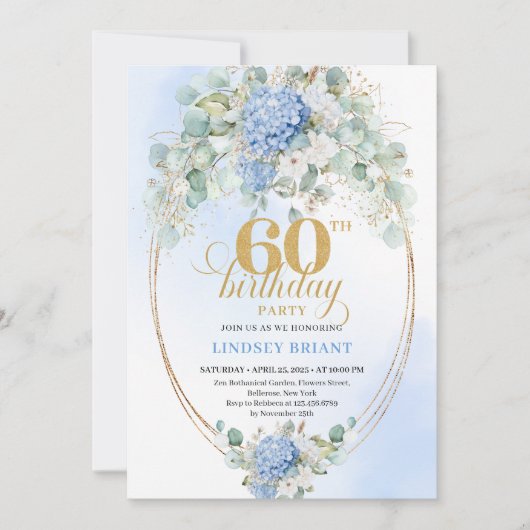 Invitation Graceful Rustic Soft Blue Hydrangea 60th Birthday (Devant)