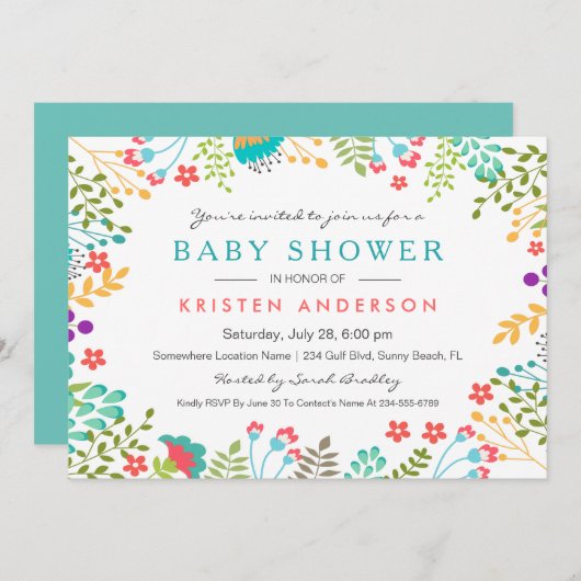 Invitation Gracity Blue Floral Baby shower mignon (Devant / Derrière)