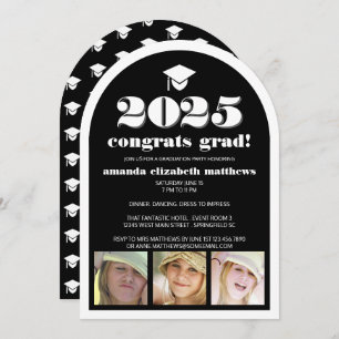 Invitation Grad 2025 Black Stylish 3 Photo Graduation Party