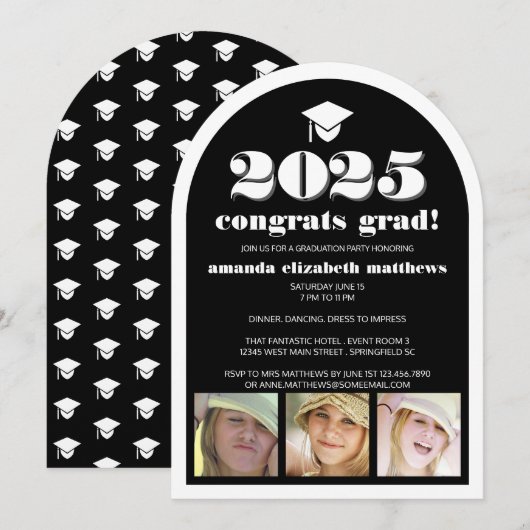 Invitation Grad 2025 Black Stylish 3 Photo Graduation Party (Devant / Derrière)