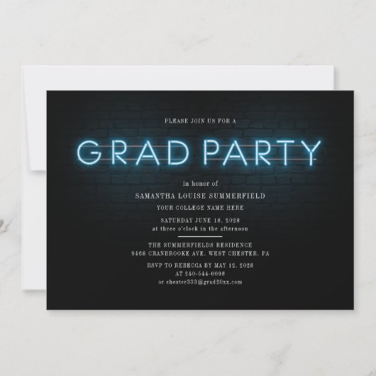 Invitation Grad 2025 Blue Neon Graduation Photo Party (Devant)