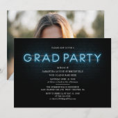 Invitation Grad 2025 Blue Neon Graduation Photo Party (Devant / Derrière)