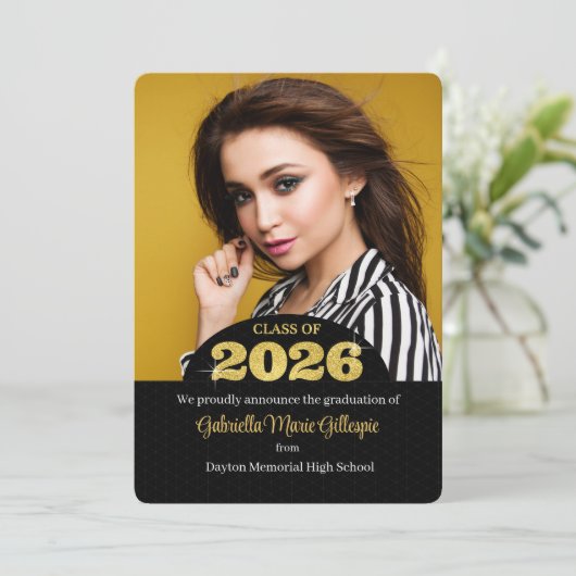 Invitation Grad 2025 Gold Bling Black Photo Grad Faux (Debout devant)