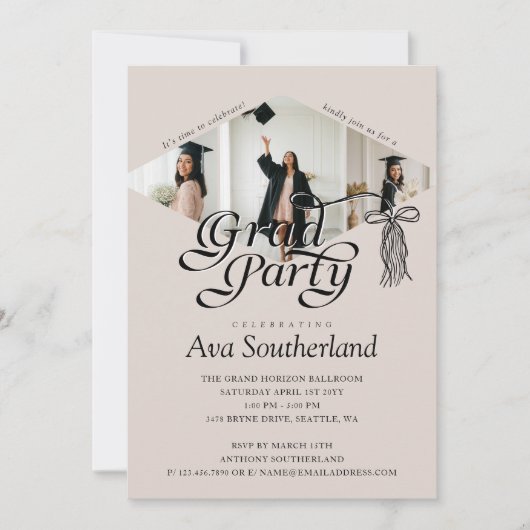 Invitation Grad Casquette Bow Tassel Photo Collage Graduation (Devant)