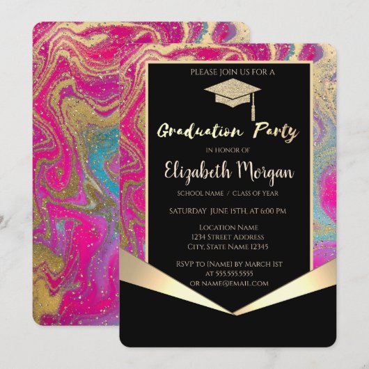 Invitation Grad Casquette, Confetti Colorful Marble Graduatio (Devant / Derrière)