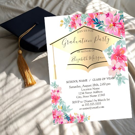 Invitation Grad Casquette de l'or Fleurs de printemps Grad Gr