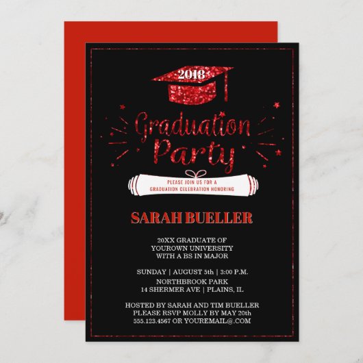 Invitation Grad Casquette Red Parties scintillant 2018 Gradua (Devant / Derrière)
