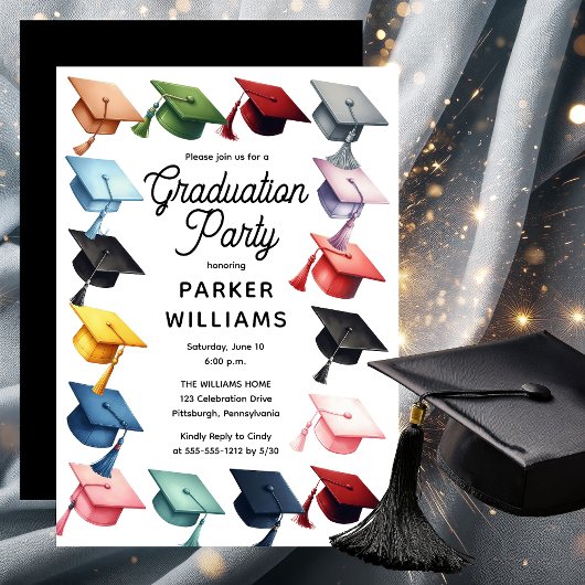 Invitation Grad Casquettes multicolores Grad Graduation Party