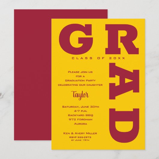 Invitation GRAD Crimson sur l'or Graduation (Devant / Derrière)