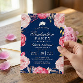 Invitation Grad Floral Wreath Navy Blue Graduation Party