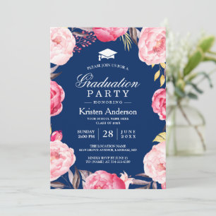 Invitation Grad Floral Wreath Navy Blue Graduation Party