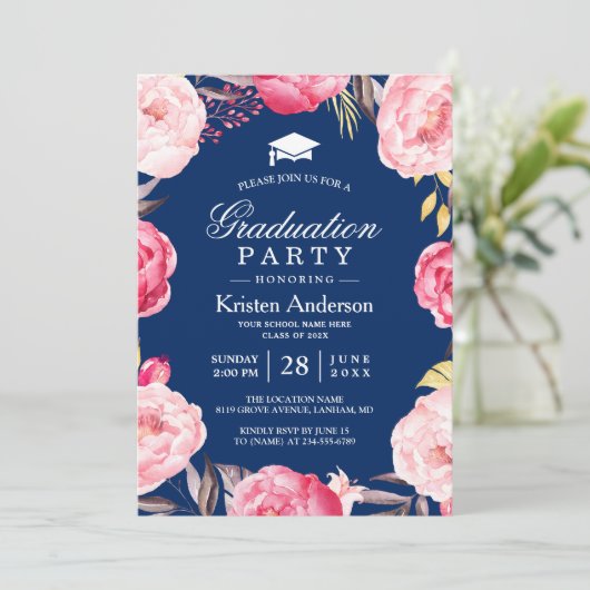 Invitation Grad Floral Wreath Navy Blue Graduation Party (Debout devant)