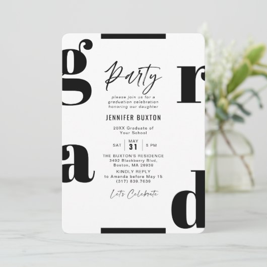 Invitation Grad Modern Black and White Graduation Party (Debout devant)