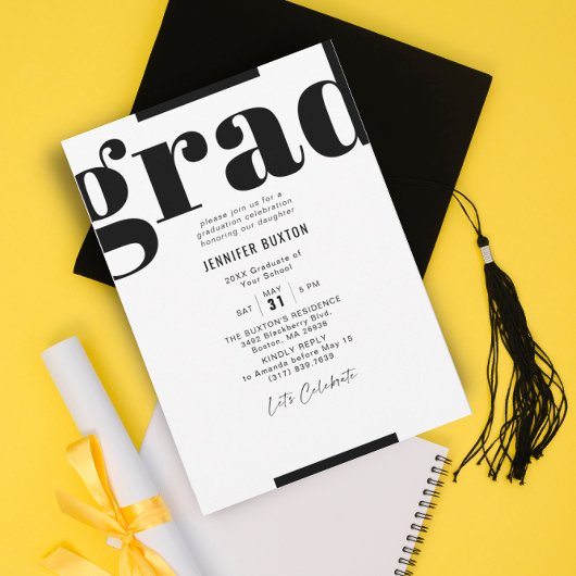 Invitation Grad Modern Check Black and White Graduation Party