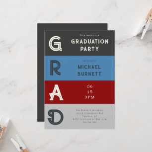 Invitation Grad moderne Gris rouge rayé Grad Grad Graduation