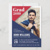 Invitation GRAD Moderne Rouge Bleu Blanc Photo Graduation (Devant)