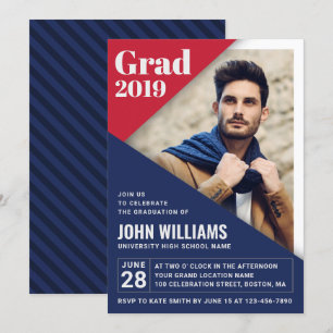 Invitation GRAD Moderne Rouge Bleu Blanc Photo Graduation