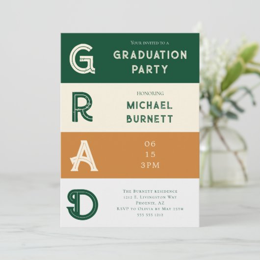 Invitation Grad moderne Vert rayé Grad Grad Graduation (Debout devant)