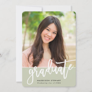 Invitation GRAD PARTY chic photo blanc calligraphie sage vert