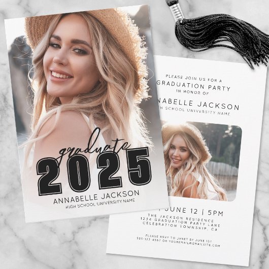 Invitation Grad Party Simple Black White Photo Graduation