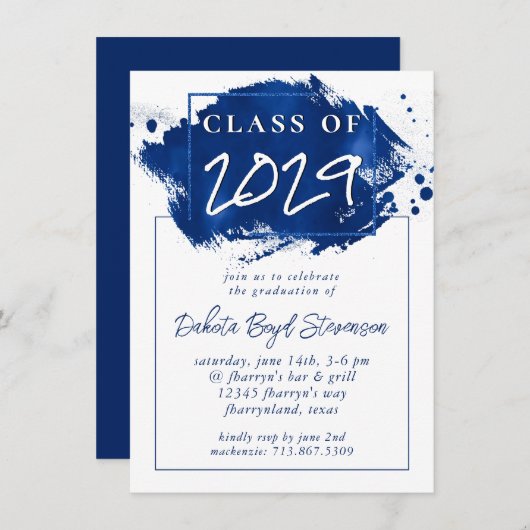 Invitation Grad peint | Blue Splatter Brushstroke Party (Devant / Derrière)