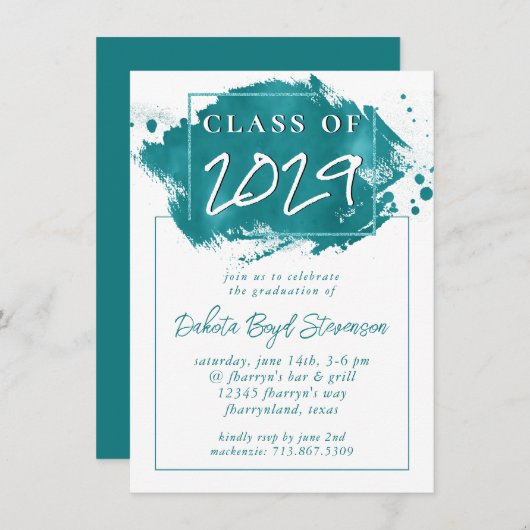 Invitation Grad peint | Turquoise Splatter Brushstroke Party (Devant / Derrière)
