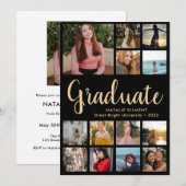 Invitation Graduate 14 Photo Collage Black & Gold Graduation (Devant / Derrière)