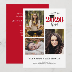 Invitation Graduate 3 Photo Collage Red Graduation