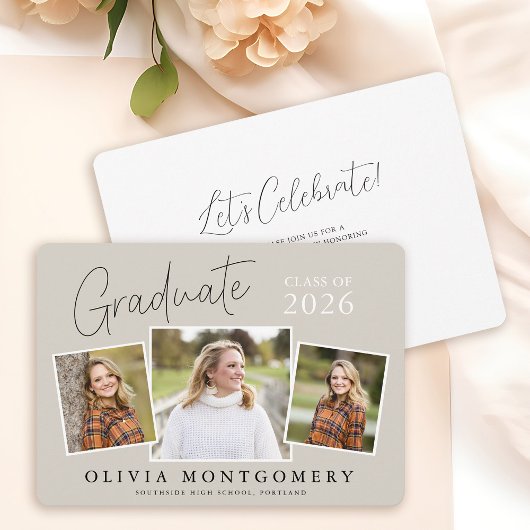 Invitation Graduate 3 Photo Modern Script Graduation Party