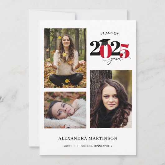 Invitation Graduate 3 Photos Collage Classe rouge de 2023 (Devant)