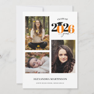 Invitation Graduate 3 Photos Collage Orange Class of 2023
