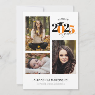 Invitation Graduate 3 Photos Collage Orange Class of 2023